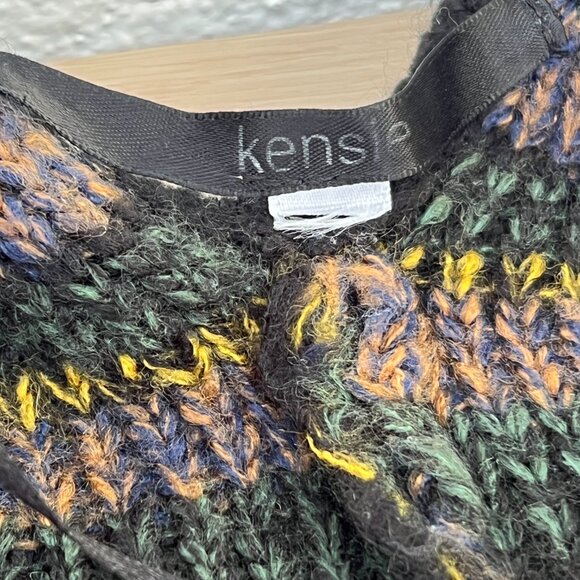 Kensie Striped Black Green Yellow Poncho Fringe Hem Blanket Shawl Button Details - Picture 5 of 13